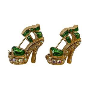 Suzanne Bjontegard Gold Green Enamel & AB Rhinestones Pair Stiletto Shoe Pins